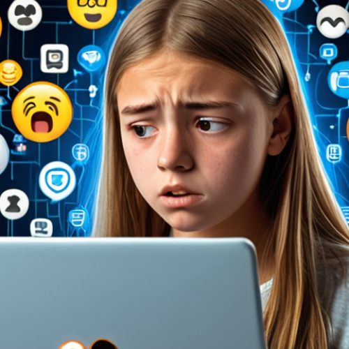Home 16 **Prompt 1: Digital Overload and Youth Mental Health**
A contemporary scene depicting a diverse young person (teenager, youth) appearing overwhelmed or isolated, illuminated by the glow of multiple digital screens (smartphone, laptop, tablet displaying social media feeds, emojis, notifications). Abstract elements of cyberbullying or online pressure subtly represented around them. In the background, a compassionate counselor figure, slightly out of focus, observes with concern, symbolizing the psychological impact of the digital world on today's youth and the growing need for understanding.