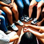 ** A diverse group of teenagers sitting in a circle, listening intently to a young, empathetic-looking mentor. Focus on active listening and creating a safe space.

**