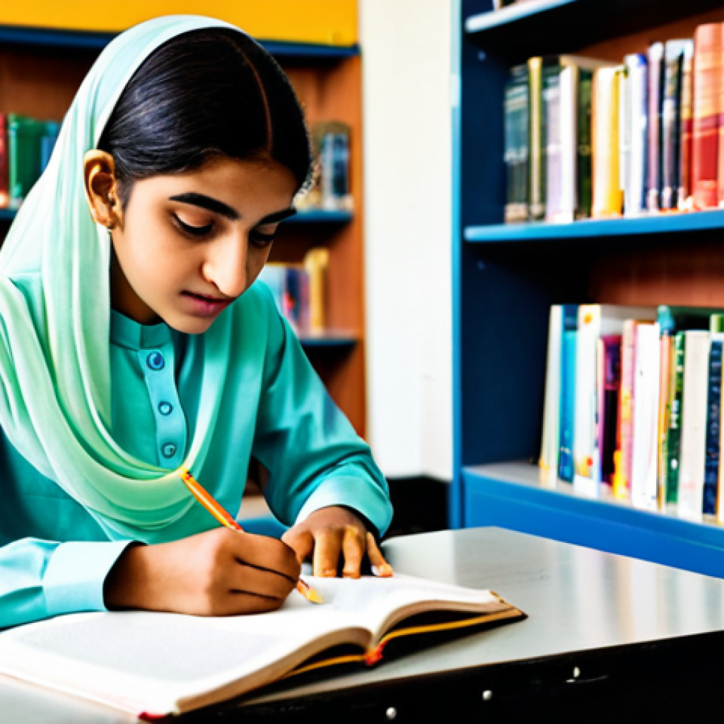 **

"A Pakistani teenage student, fully clothed in a modest shalwar kameez, studying diligently at a desk in a brightly lit school library, surrounded by books, safe for work, appropriate content, perfect anatomy, natural proportions, professional school photography, family-friendly"

**