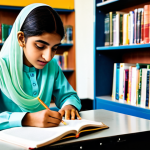 **

"A Pakistani teenage student, fully clothed in a modest shalwar kameez, studying diligently at a desk in a brightly lit school library, surrounded by books, safe for work, appropriate content, perfect anatomy, natural proportions, professional school photography, family-friendly"

**