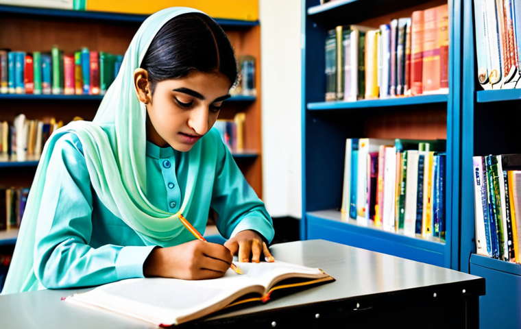 **
"A Pakistani teenage student, fully clothed in a modest shalwar kameez, studying diligently at a desk in a brightly lit school library, surrounded by books, safe for work, appropriate content, perfect anatomy, natural proportions, professional school photography, family-friendly"
**