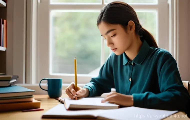 청소년상담사 필기시험과 실기시험 준비법 - **Prompt:** A young adult, gender-neutral, sitting at a clean, well-organized desk, deeply engrossed...