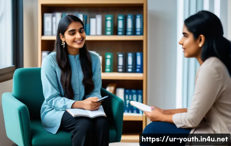 청소년상담사 자격증 공부를 위한 팁 - A professional counseling session set in a modern office with a South Asian young adult female clien...