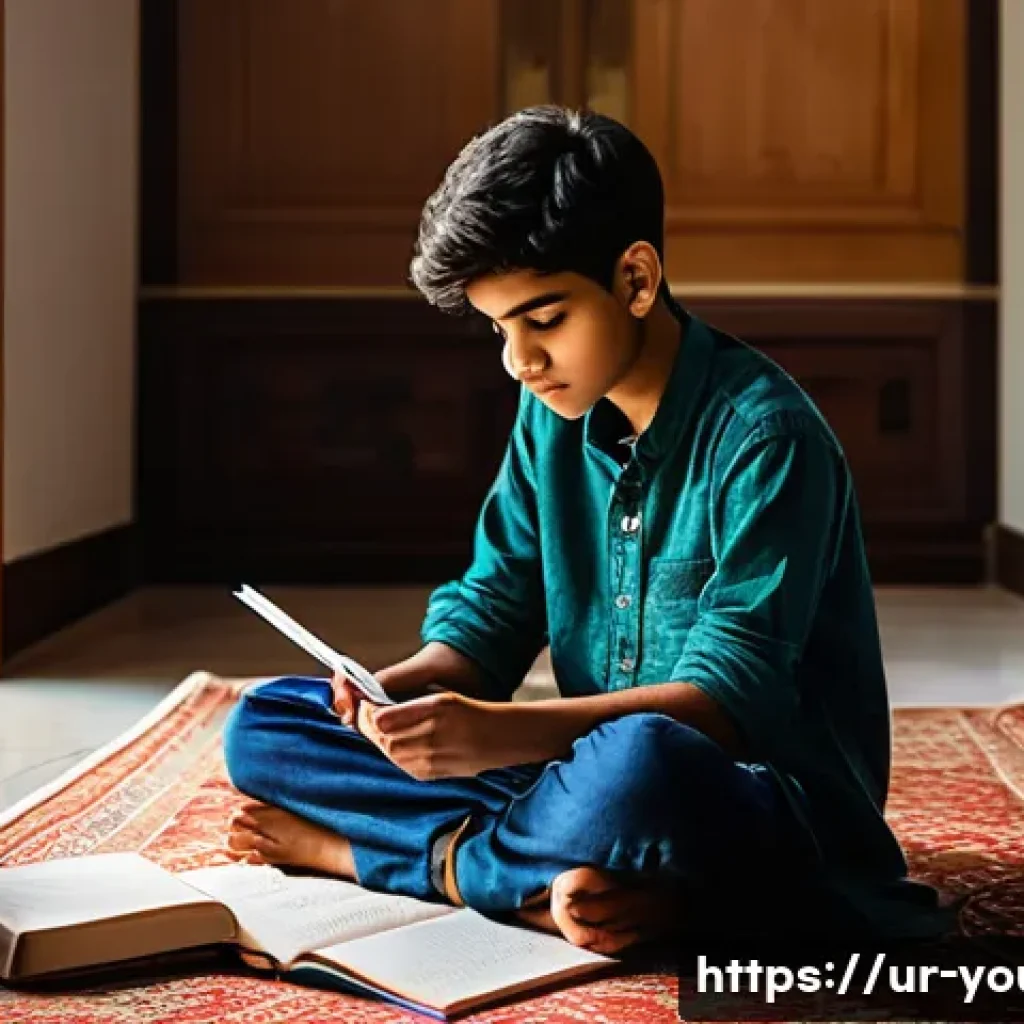 청소년상담사로서 청소년 발달과정 이해 - A thoughtful teenage boy of South Asian descent, wearing casual modest clothing, sitting cross-legge...