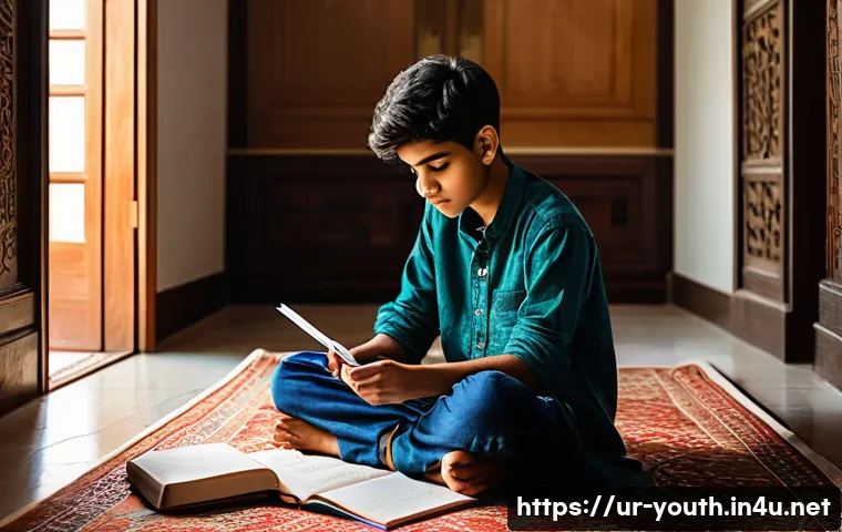 청소년상담사로서 청소년 발달과정 이해 - A thoughtful teenage boy of South Asian descent, wearing casual modest clothing, sitting cross-legge...