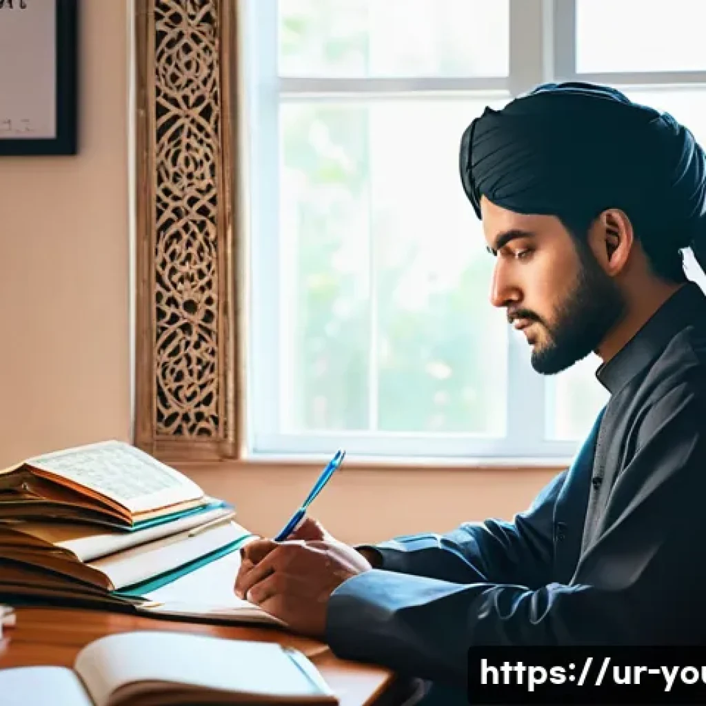 청소년상담사 시험에 나올 수 있는 기출문제 - A focused young South Asian student in traditional modest attire sitting at a wooden desk in a cozy ...