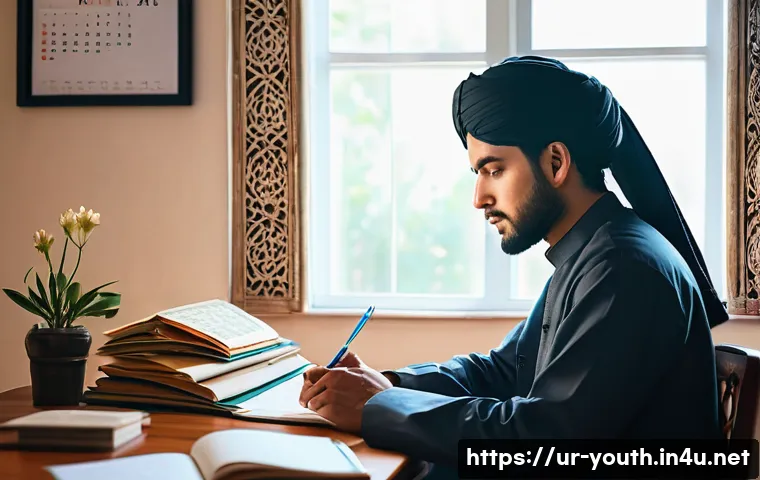 청소년상담사 시험에 나올 수 있는 기출문제 - A focused young South Asian student in traditional modest attire sitting at a wooden desk in a cozy ...