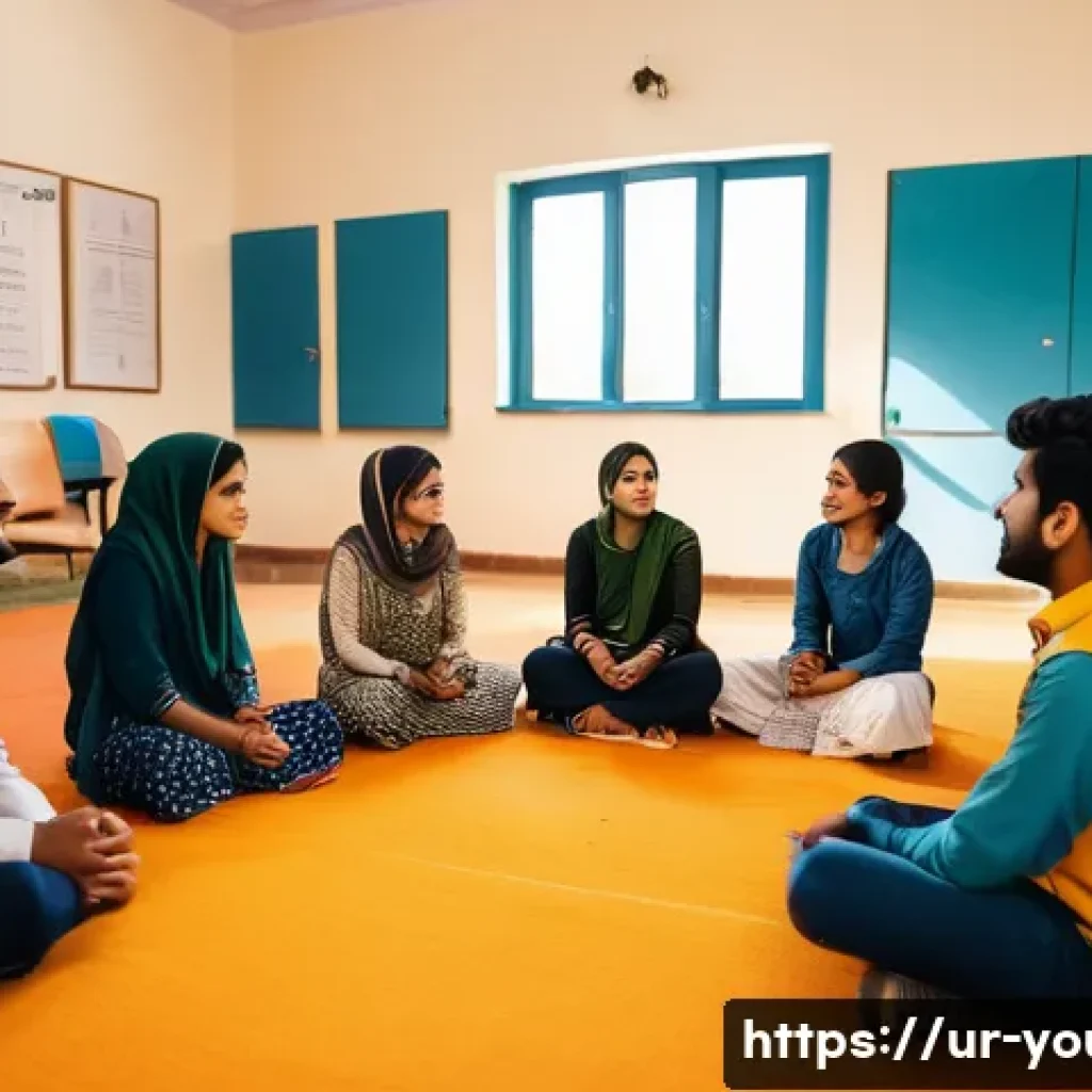 청소년상담사 시험 합격 후 프로세스 - A professional young counselor conducting a group session with diverse South Asian youth in a commun...