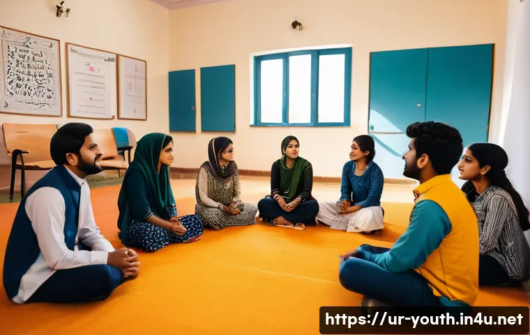 청소년상담사 시험 합격 후 프로세스 - A professional young counselor conducting a group session with diverse South Asian youth in a commun...