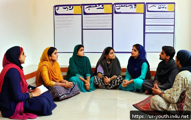 청소년상담사 실습보고서 작성법 - A group counseling session scene in a modern community center in Pakistan, featuring diverse South A...