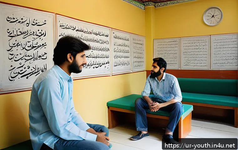 청소년상담사 직업에 적합한 사람들의 특징 - A warm and inviting counseling room in a Pakistani youth center, featuring a young male counselor at...