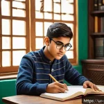 Home 23 청소년상담사 필기시험 주요 과목 분석 - A focused South Asian teenage student sitting at a traditional wooden study desk in a cozy, well-lit...