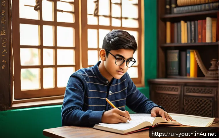 청소년상담사 필기시험 주요 과목 분석 - A focused South Asian teenage student sitting at a traditional wooden study desk in a cozy, well-lit...