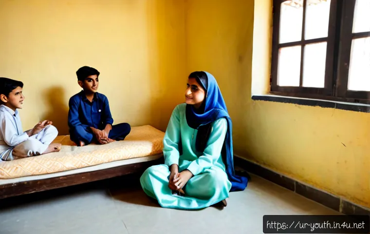 청소년상담사와 청소년 리더십 교육 사례 - Photorealistic youth counseling session in a welcoming Pakistani community center, compassionate fem...